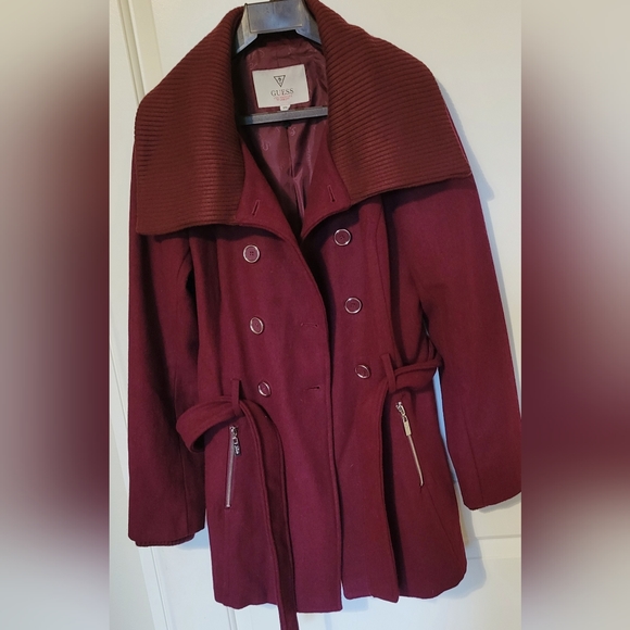 GUESS Double Breasted Wool Blend Peacoat Burgundy / Maroon - Picture 6 of 10
